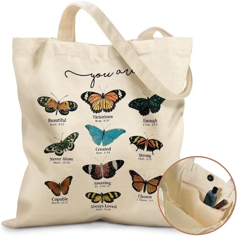 

Trendy Student Handbag Cat Butterfly Printed Canvas Shopping Bag One Shoulder Tote Bag Women's Large Capacity Eco Friendly Bag