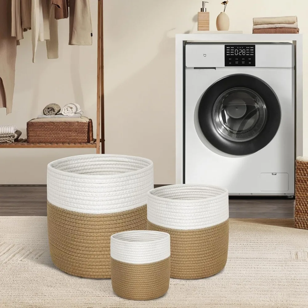 

3-Pack Foldable Laundry Baskets 14L/26L/44L Cotton Rope Storage Organizer for Family Home Bedroom