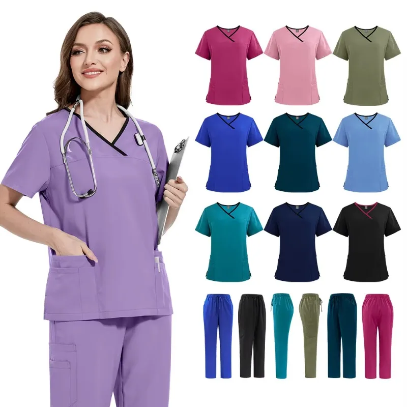 High Quality Casual Breathe Quick-dry Elastic Unisex V-Neck Jogger Dentist Beauty Salon Laboratory Nurse Scrubs Hospital Sets