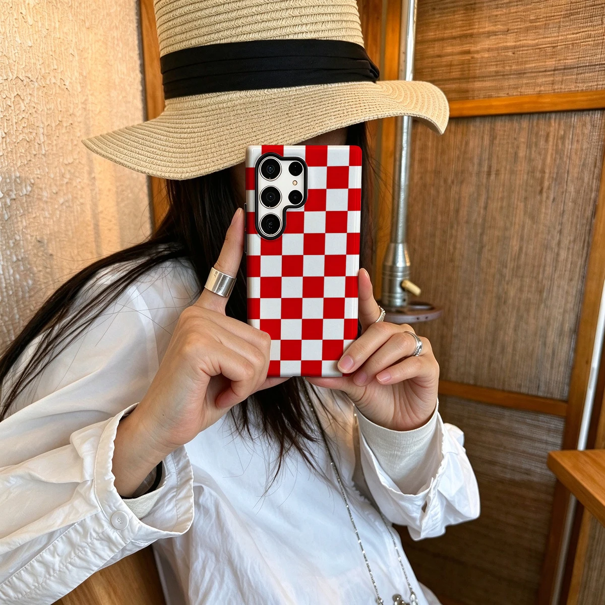 Red White Checkerboard Hard Shock-Absorption Phone Case For Samsung Galaxy S26 S25 Ultra S24 S23 Plus 2-in-1 Protective Cover