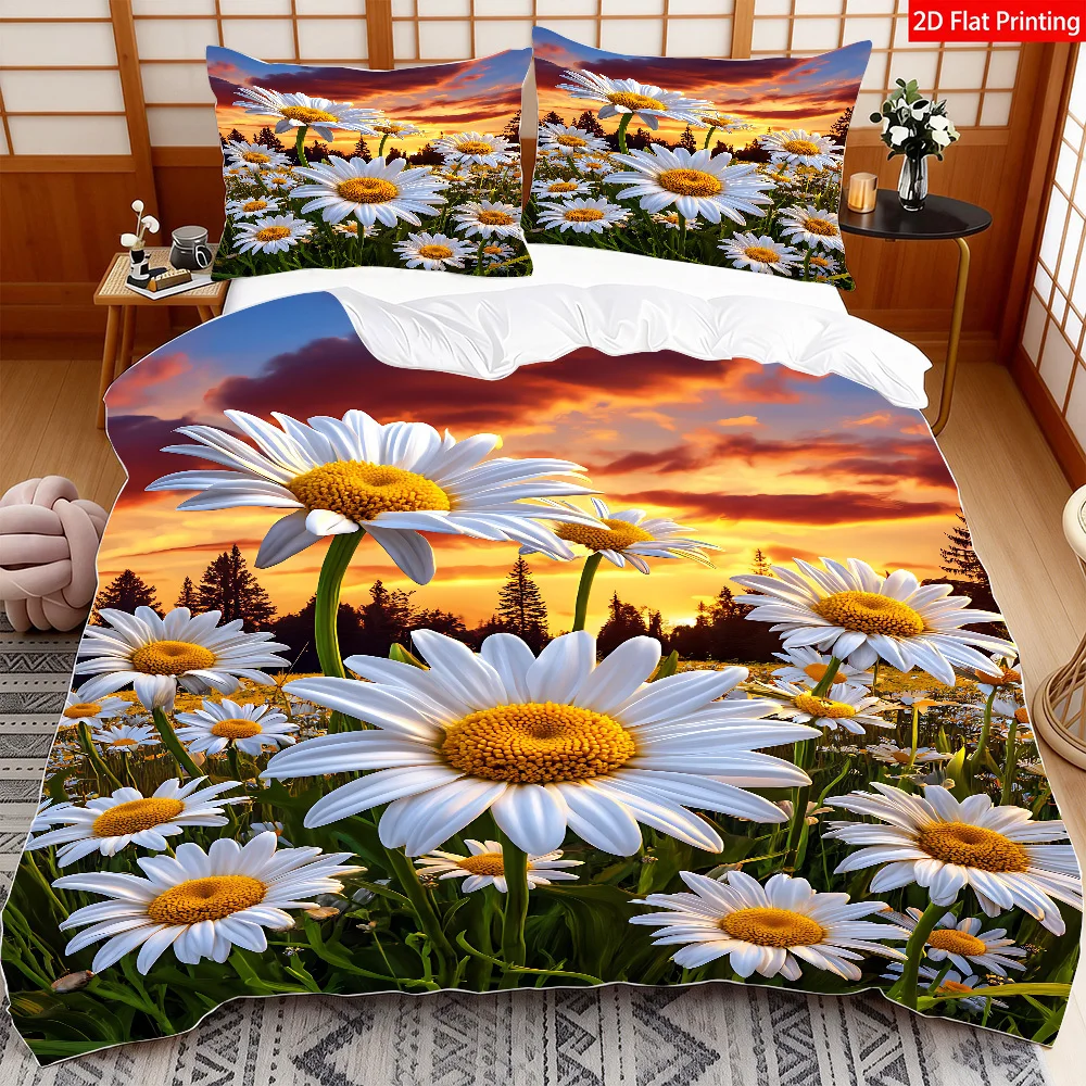 Daisy Flower Duvet Cover Natural Scenery Bedding Set Twin Queen Spring Garden Plants Botanical Comforter Cover for Girls Teens