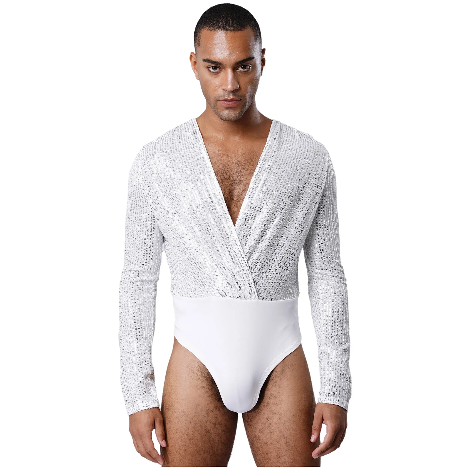 Mens Ballet Dance Leotard Shiny Sequin Front Wrap Deep V Neck Long Sleeve High Cut Bodysuit Modern Dance Performance Costume