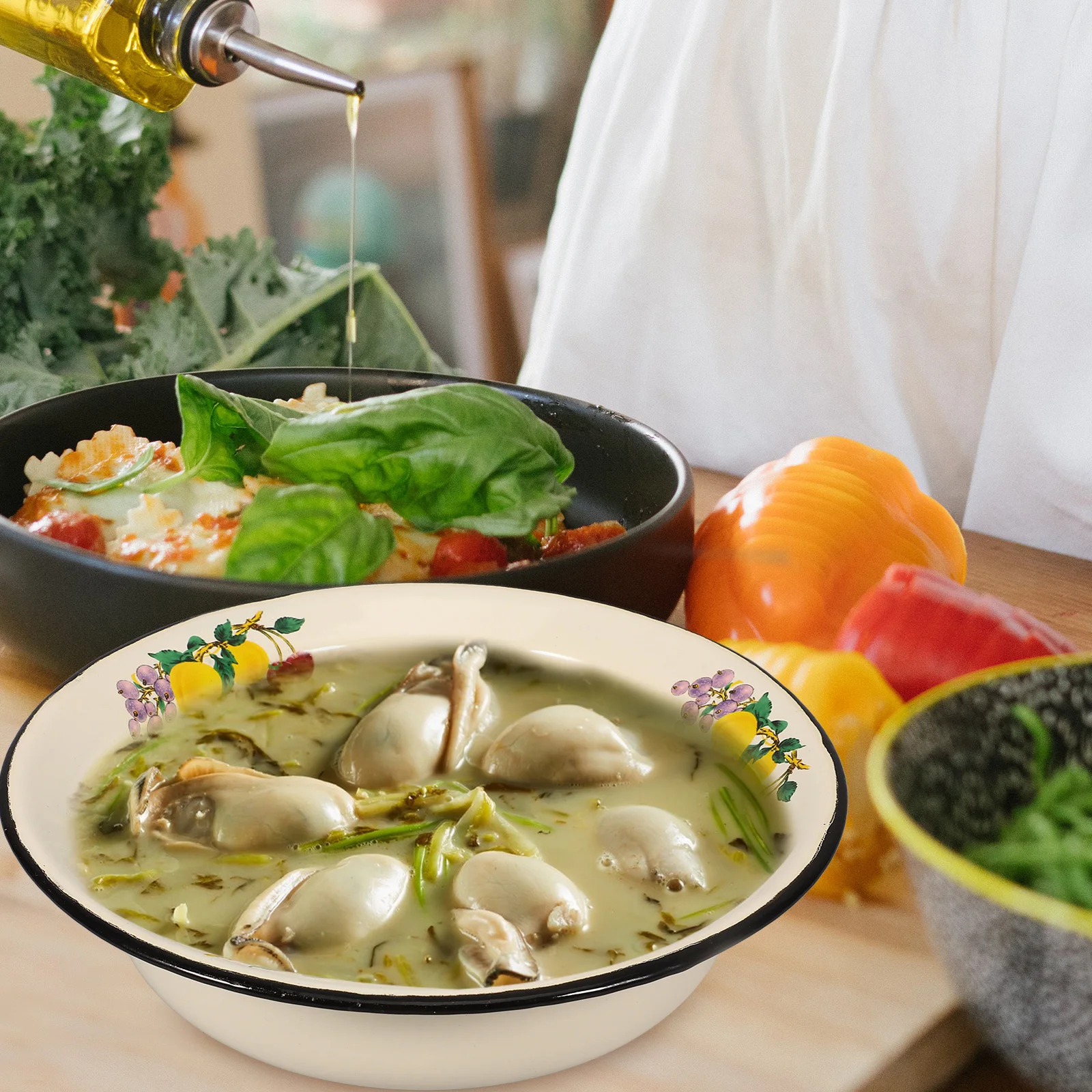 

1pc Retro Soup Dough Soup Storage Mixing Food Storage Basin Mixing Bowl Kitchen Salad Bowl Enameled Kitchenware