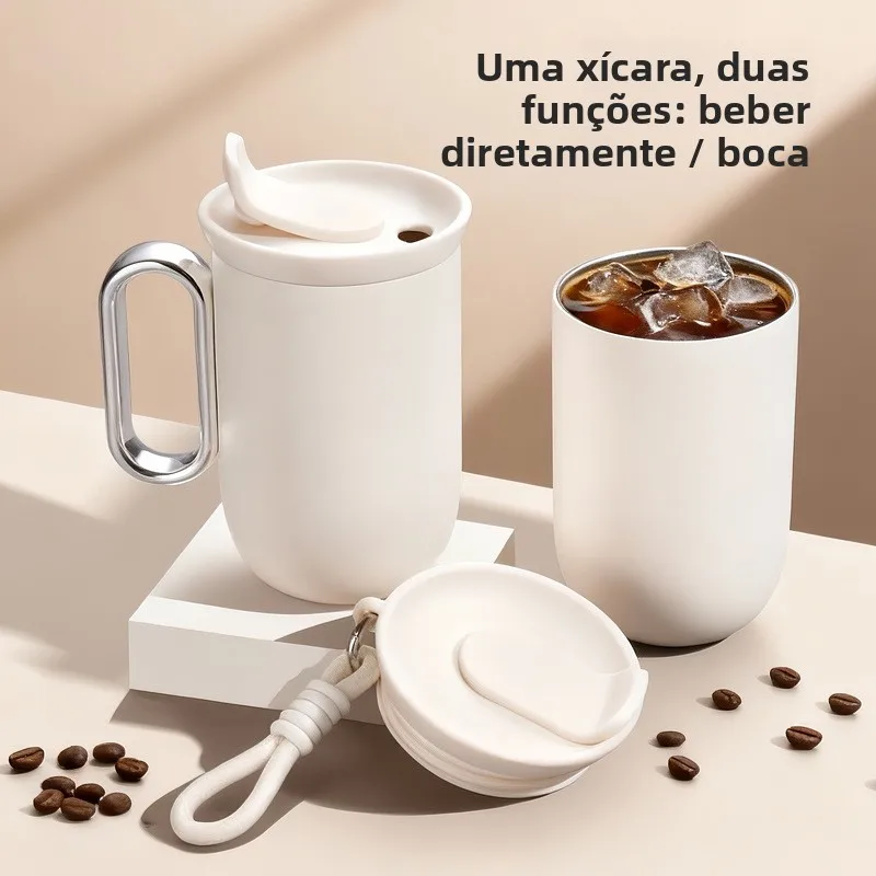 携帯用断熱ステンレス鋼製コーヒーカップ36-ハンドル付き-直飲み機能付き-旅行やアウトドアに最適な水筒