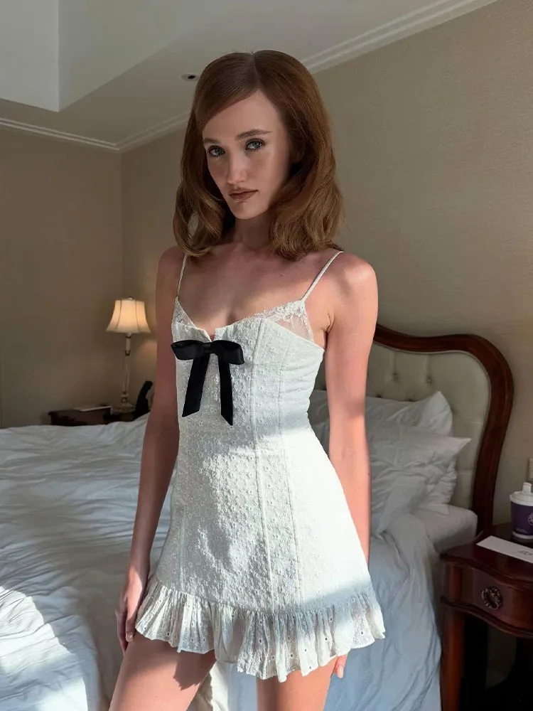 HH Abito Estivo da Donna 2026 Nuovo Stile Dolce con Fiocco e Pizzo, Mini Abito Senza Maniche Sexy con Schiena Scoperta