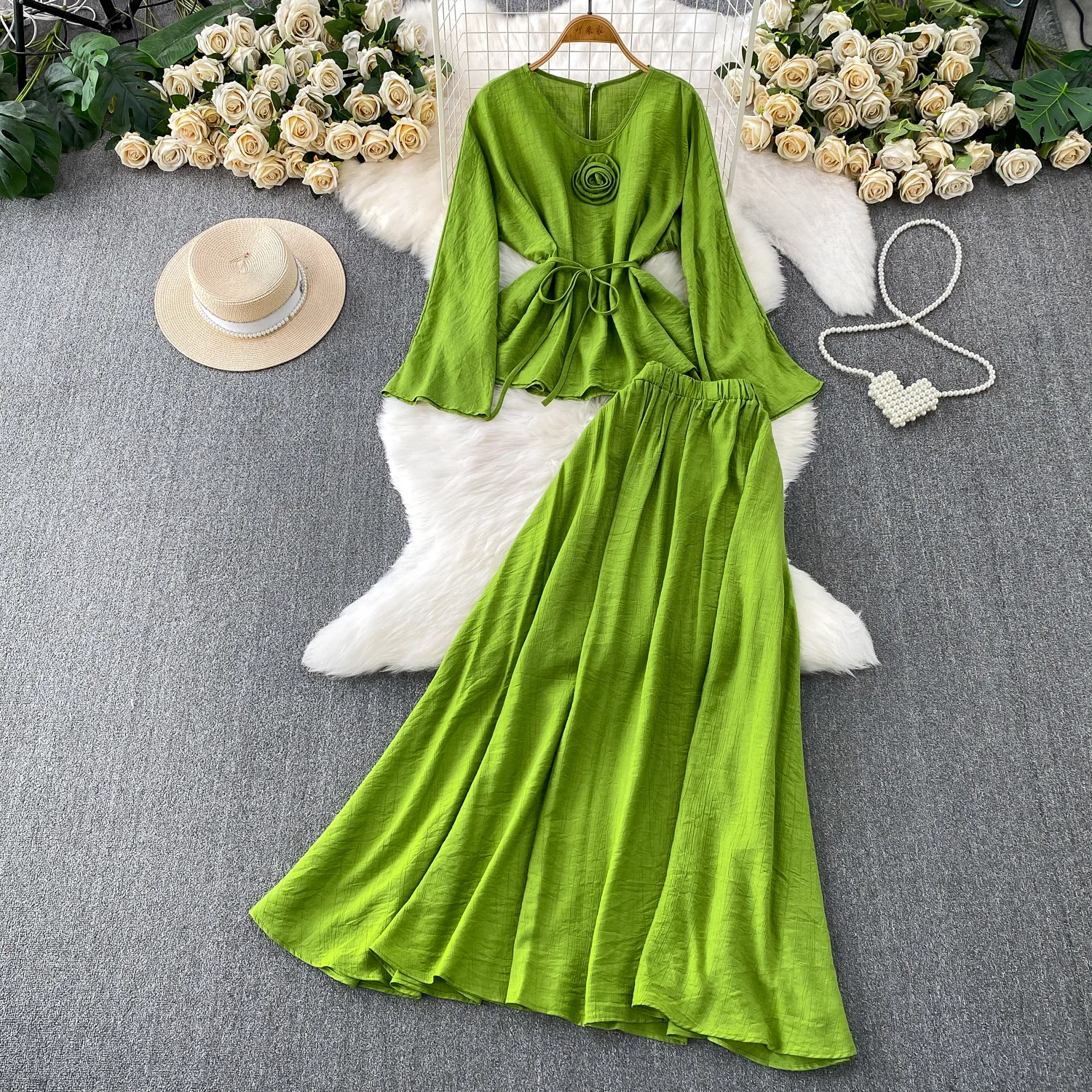 

Женская рубашка во французском стиле с круглым вырезом и расклешенными рукавами во французском стиле, повседневное свободное платье трапециевидной формы средней длины, комплект из двух предметов