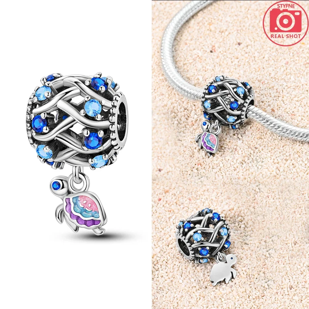 Silver-Plated Blue Flower Turtle Charms for Bracelets