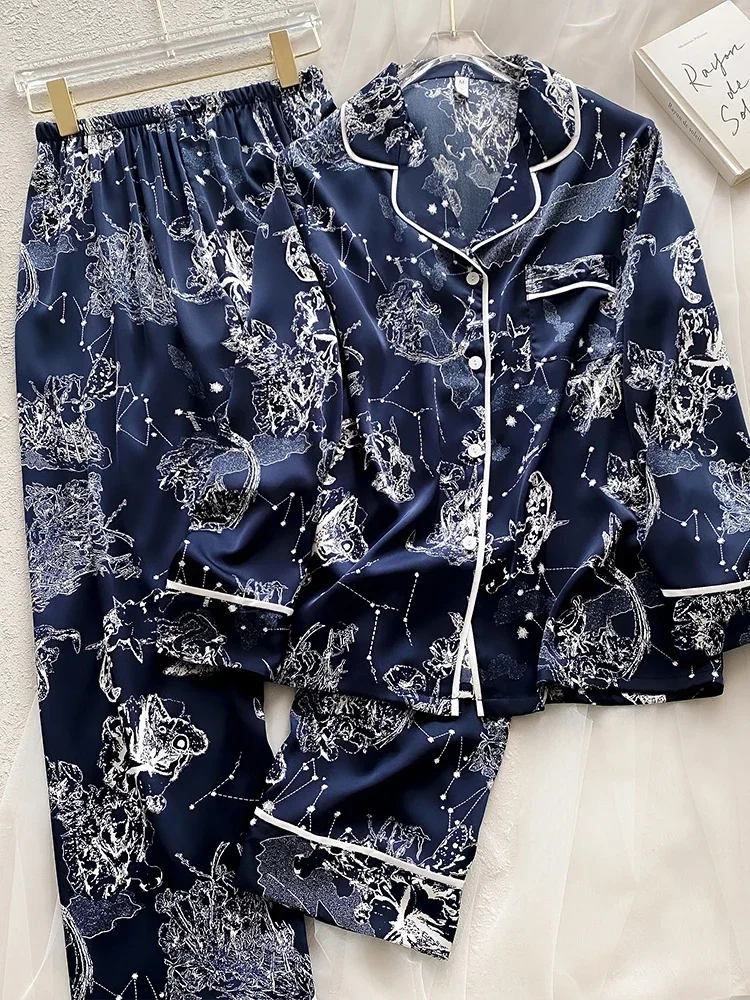 New Blue Pajama Women's Long Sleeve 100%  Silk Home Furnishing Set