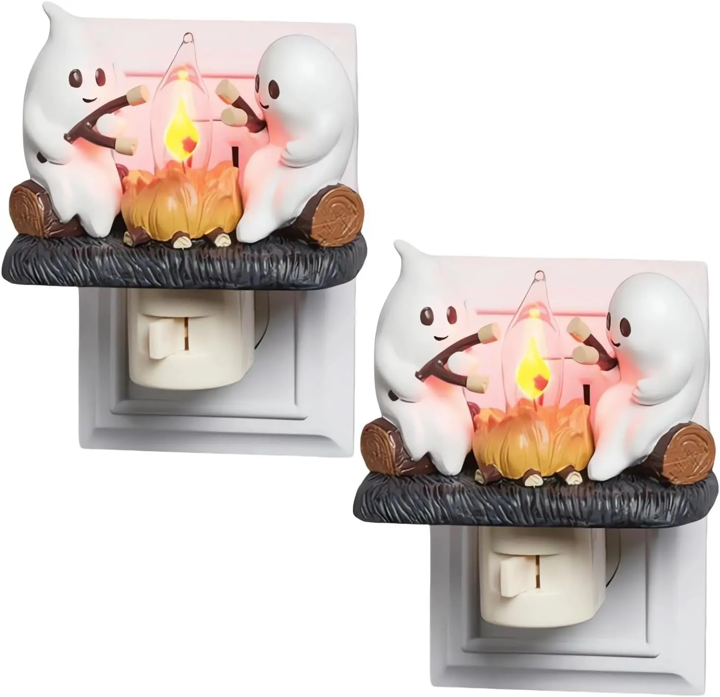 

2Pcs Ghost Campfire Flickering Nightlight- Ghost Roasting Marshmallows at Campfire,3D Spooky Fire Marshmallow LED Night Light