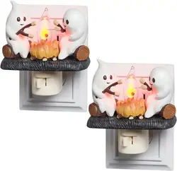 2Pcs Ghost Campfire Flickering Nightlight- Ghost Roasting Marshmallows at Campfire,3D Spooky Fire Marshmallow LED Night Light