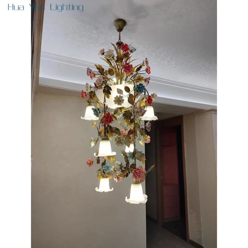 Flower Village Villa Garden LED Chandelier Creative Floral Ceiling Lights Living Room Hanging Lamps Rattan Grass Staircase Light