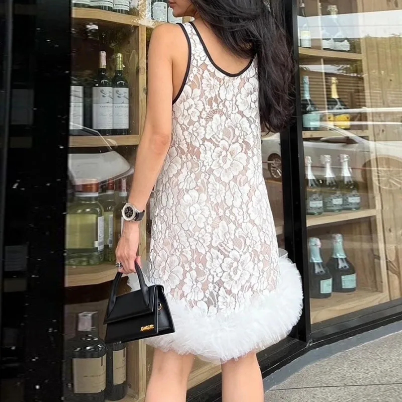 BPN Sexy Patchwork Lace Dresses For Women Round Neck Sleeveless High Wiast Hit Color Casual Loose Dress Female Fashion Clothing