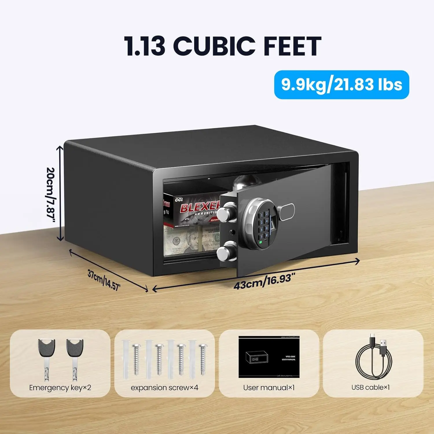 Biometric Safe Box - (1.13 cu. ft.) Fingerprint Home Safe with Silent Mode, Backlit Keypad and LED Light, Secure Money Safe Caja