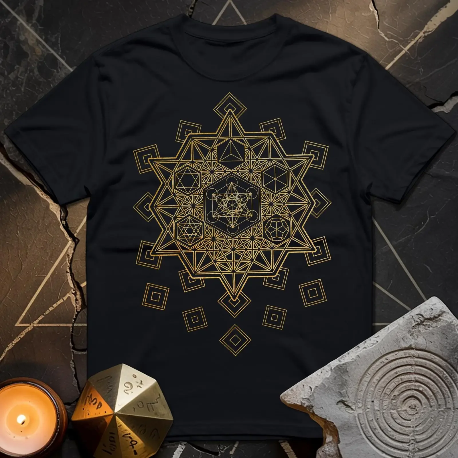 Sacred Geometry T Shirt Metatron Platonic Solids Design vintage Washed Slightly homme Casual Top For Everyday Wear Stretched