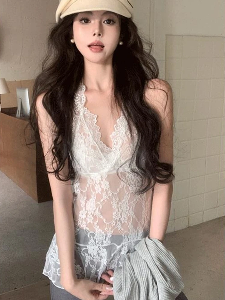 فستان هالتر من الدانتيل الأبيض للنساء شفاف صيفي شفاف مثير نمط موضة بدون أكمام غير رسمي Hotsweet High Street Y2k Vestidos #4