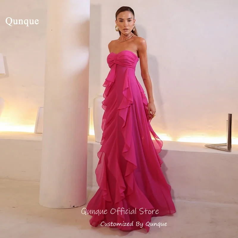 Qunque Sweetheart Fuchsia Chiffon Evening Dresses Prom Dresses A Line Graceful Ruffled Wedding Guest Robes De Soirée Customized