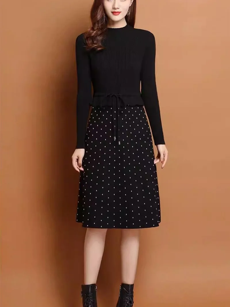 Novo Vestido de Malha Feminino Elegante e Moderno, Modelo A-Line de Comprimento Médio com Camadas, para Outono/Inverno e Uso Diário