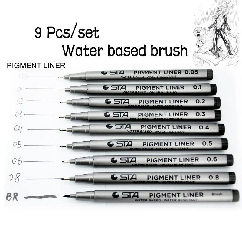 

9pcs Black Color Liner Pen Set STA Brush Sketch Painting Drawing Marker Cartoon Art School Supplies