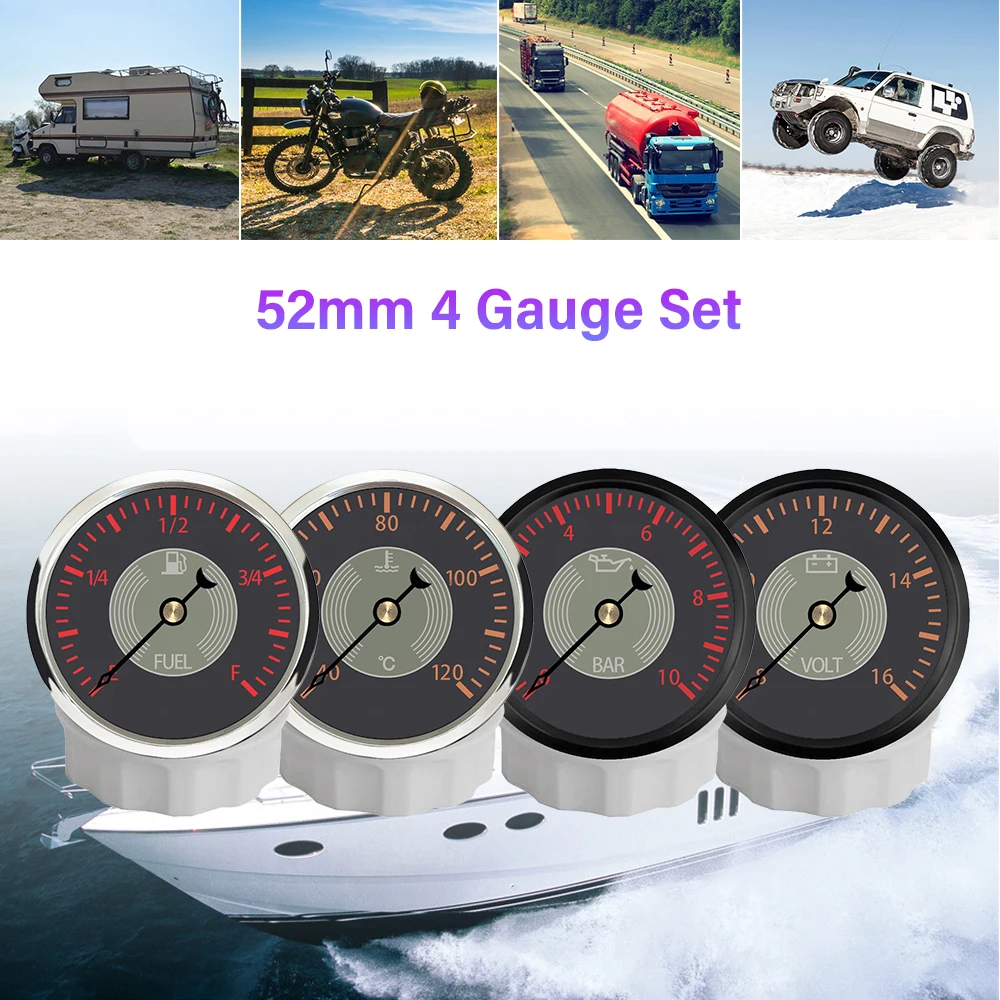 ELING 52MM Gauge Set Fuel Level 0-190ohm Signal Meter 0-10Bar Oil Pressure Gauge with Water Temp 12V Voltmeter for Car Trucks