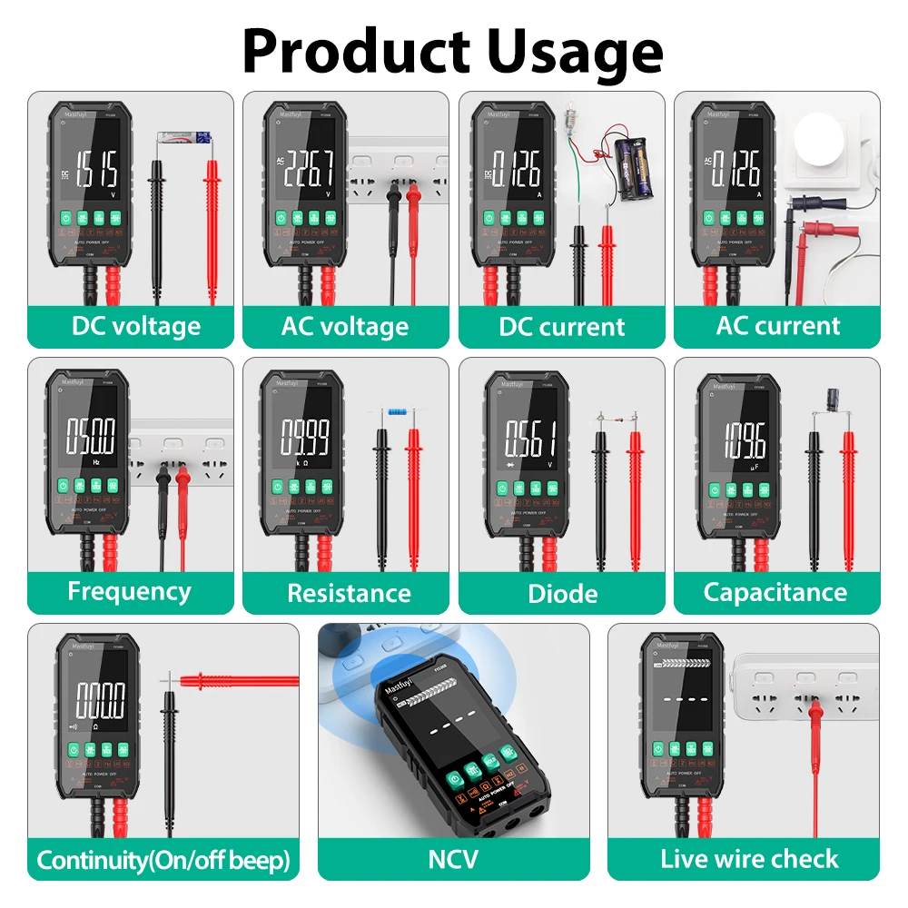 MASTFUYI FY106 Multimètre Numérique Professionnel Testeur Intelligent Tension CA/CC Capacitance Ohm Hz Détection NCV Outillage Électrique