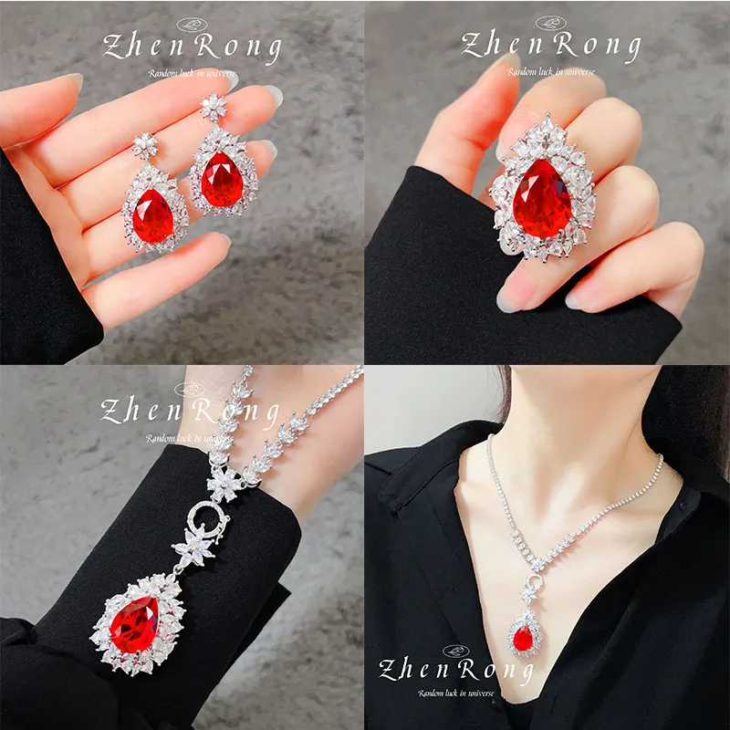 

European and American Luxury Water Drop Ruby Jewelry Sets Pendant Necklaces Drop Earrings Banquet Wedding Rings For Women