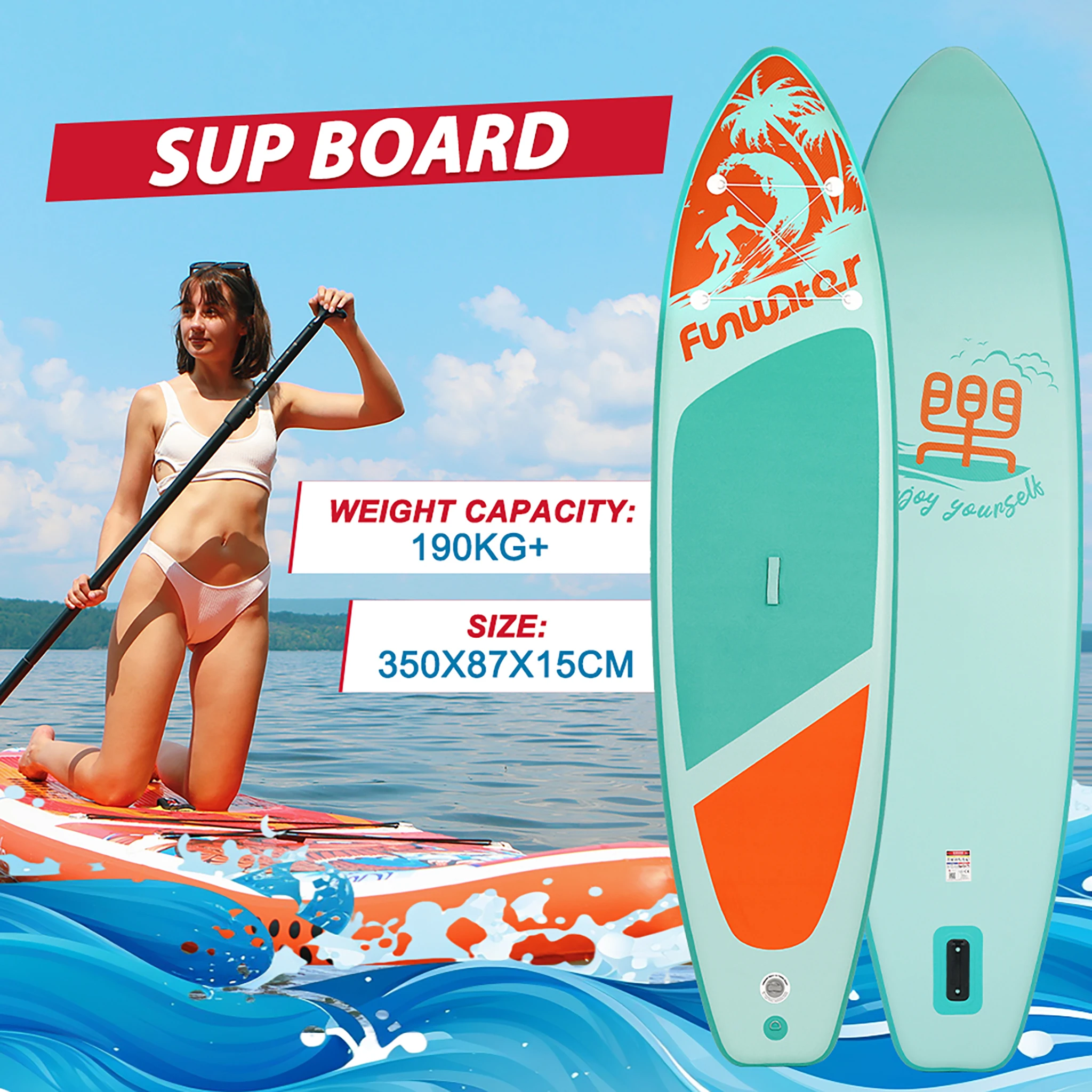Planche à pagaie gonflable FunWater 11'/11'6" - Planche de SUP gonflable - Planche de surf gonflable - Super large - Haute stabilité - 190kg-205kg - Dropshipping