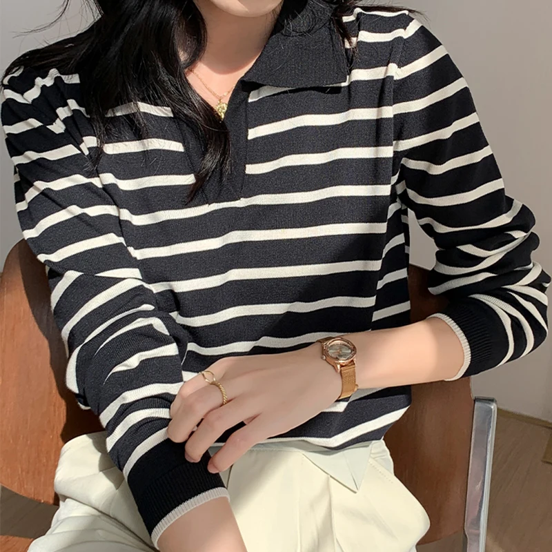 2022 New Spring Autumn Striped Women Tshirt Apricot Polo Collar Long Sleeve Top Casual T-shirts Korea Fashion Tee Shirt Femme