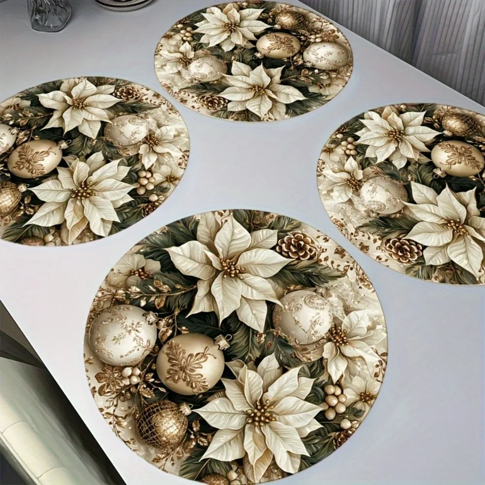 2/4/6/8Pcs Gold Christmas Candle Pattern Round Placemats Merry Christmas Decorative Table Mats Non-Slip Fabric Table Mats Dry Cleanable Suitable for Holiday Decorations for Dining and Parties