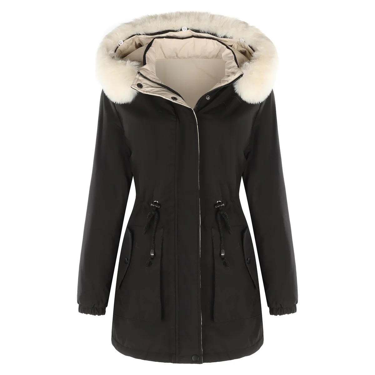 2024 Women Winter Jacket Two Sided Warm Cotton Jacket Detachable Cap Long Sleeved Zipper Thick Cotton Jacket Fur Collar Parkas