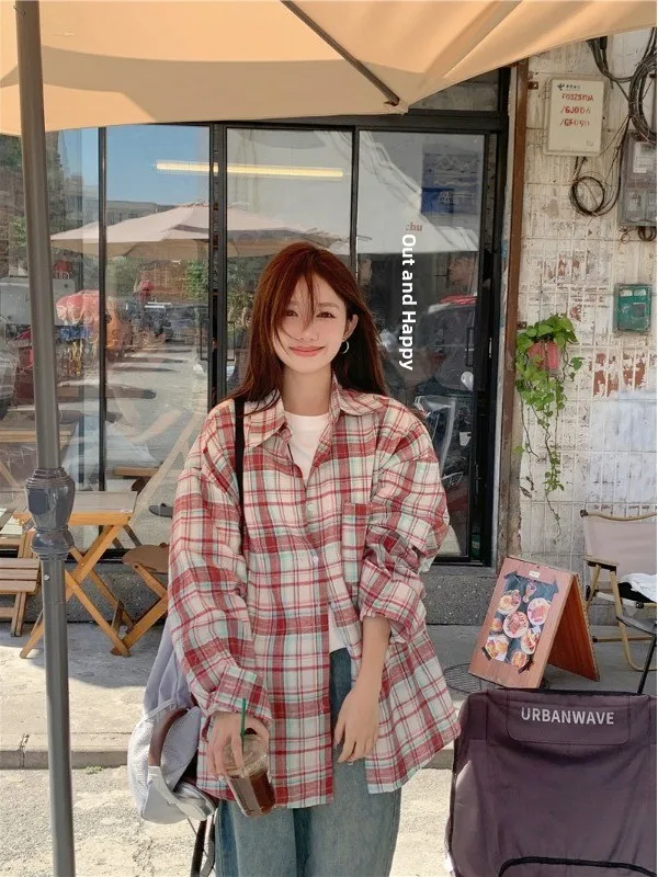 

plus Size Korean Style Casual Plaid Long Sleeve Shirt Summer New Vintage Loose Slimming Sun Protection Open Cardigan Top