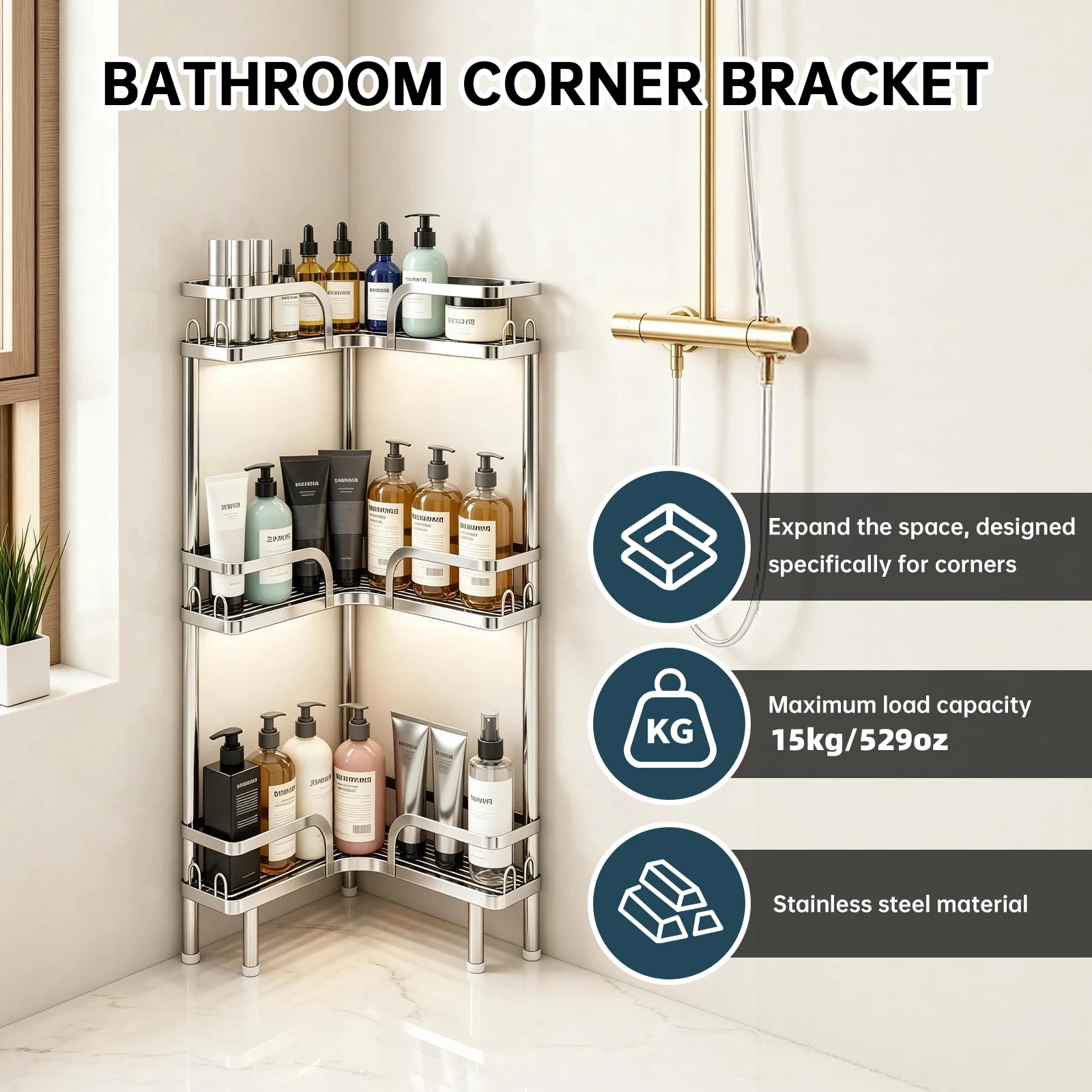 1Pc Multifunctional Layered Stainless Steel Bathroom Corner Shelf with Hooks, Freestanding Shower Storage Rack, Can Hang Bath Balls and Towels, Holds Multiple Large Bottles of Toiletries, Vertical Storage Rack That Makes Use of Corner Space