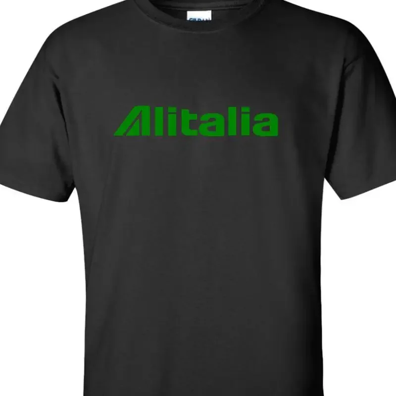 Alitalia Green Retro Logo Italian Airline Black Cotton  T Shirt