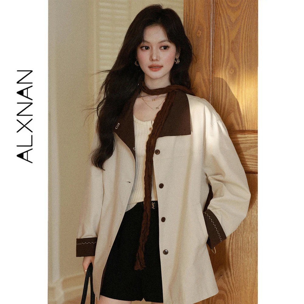 ALXNAN Apricot Collared Short Trench Coat for Women Autumn Color Block Vintage Jacket 2026 Fashion Female Outerwear L680319