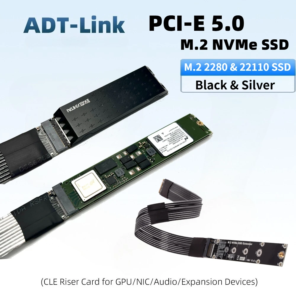 K44SH-BK PCIE 5.0 X4 Gen5 M.2 NVMe SSD Solid State Drive Riser Adapter M.2 M Key 128Gbps Extension Cable for M.2 22110 2280 SSDs