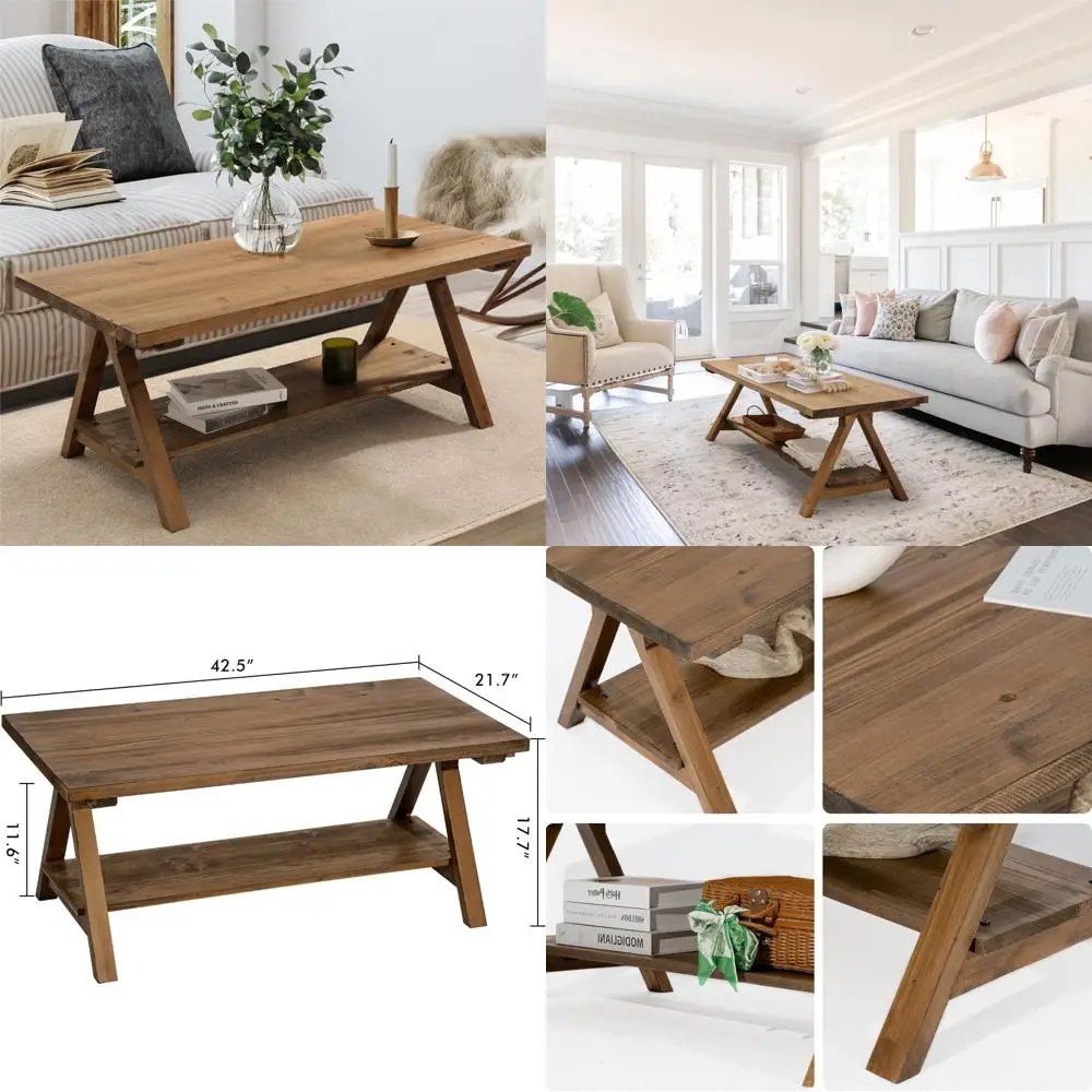 

Rustic Farmhouse Style Solid Fir Wood Rectangle Coffee Table for Living Room, Large 42.5 Wooden Centerpiece