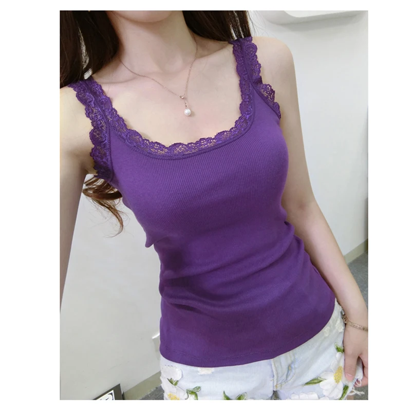  Women'S Summer New U-Shaped Camisole Cotton Lace Trim Sleeveless Tank Top Slim Fit Inner Wear Base Vest