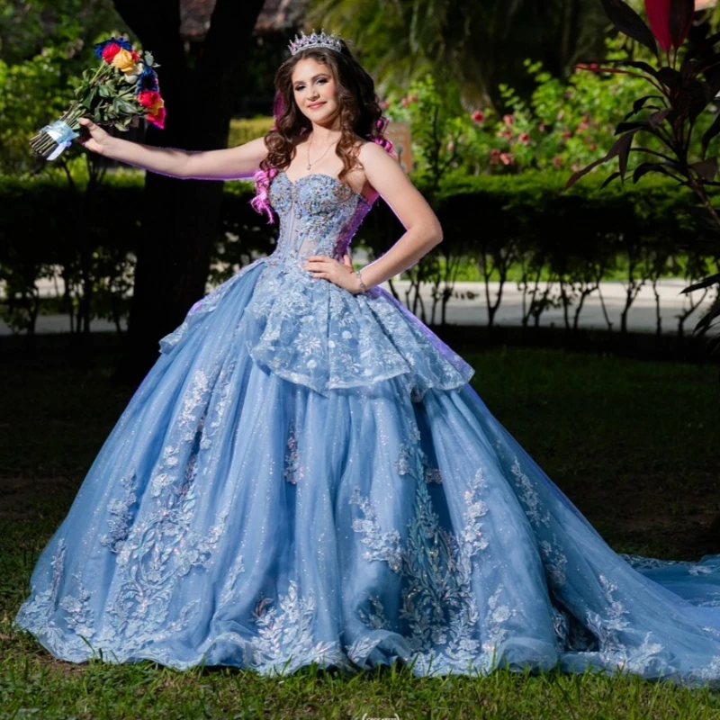 

Sky Blue Shiny Quinceanera Dresses Off The Shoulder Applique Lacev Beading Crystal Party Birthday Sweet 16 Dress Vestidos 15 De