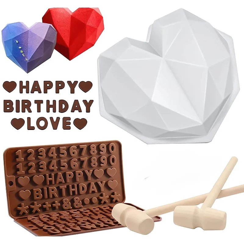 Juego de moldes de corazón para chocolate, moldes de silicona con forma de corazón con martillos, moldes de chocolate con letras y números para hacer dulces de San Valentín