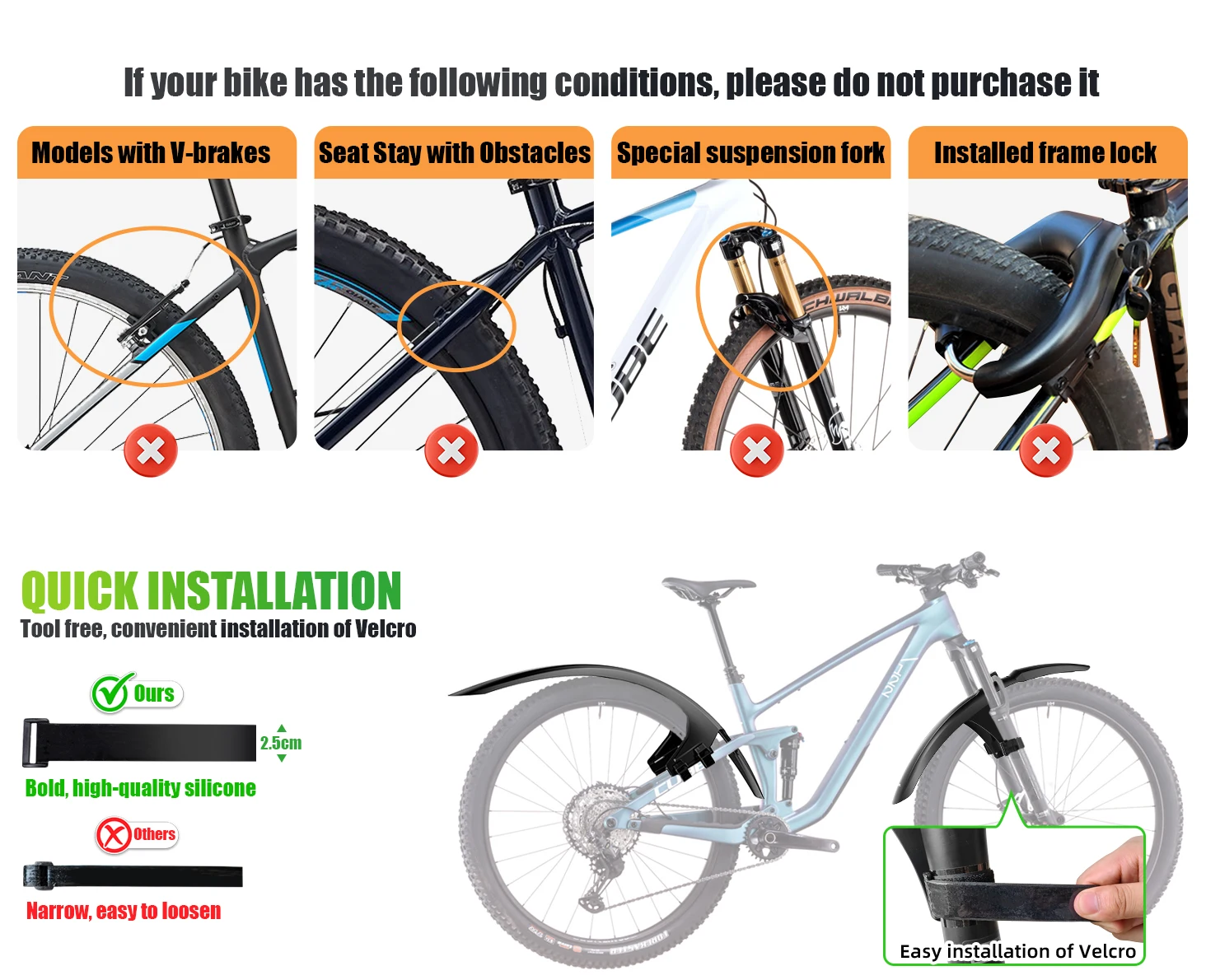RBRL Extended Widen Fahrradschutzblech, kompatibel mit 7,6 cm Reifenbreite 26–29, vollständiger Abdeckung, spritzwassergeschützter Mountainbike-Schutzblech – Detail 4