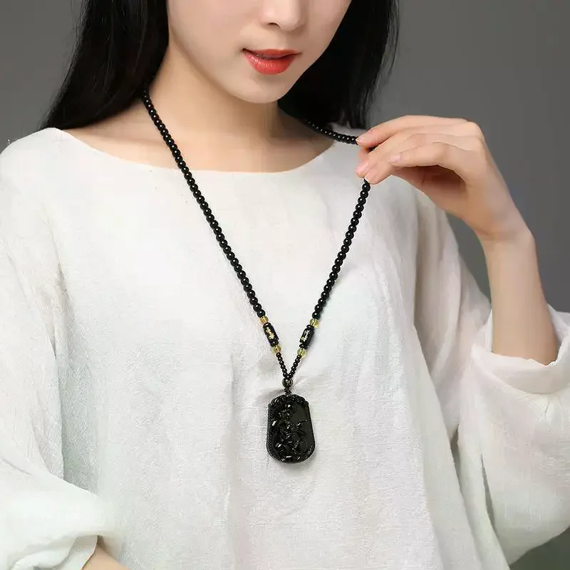 Imitation Black Obsidian Carved Chinese Twelve Zodiac Lucky Blessing Animal Pendant Beads Necklace Vintage Gift Jewelry