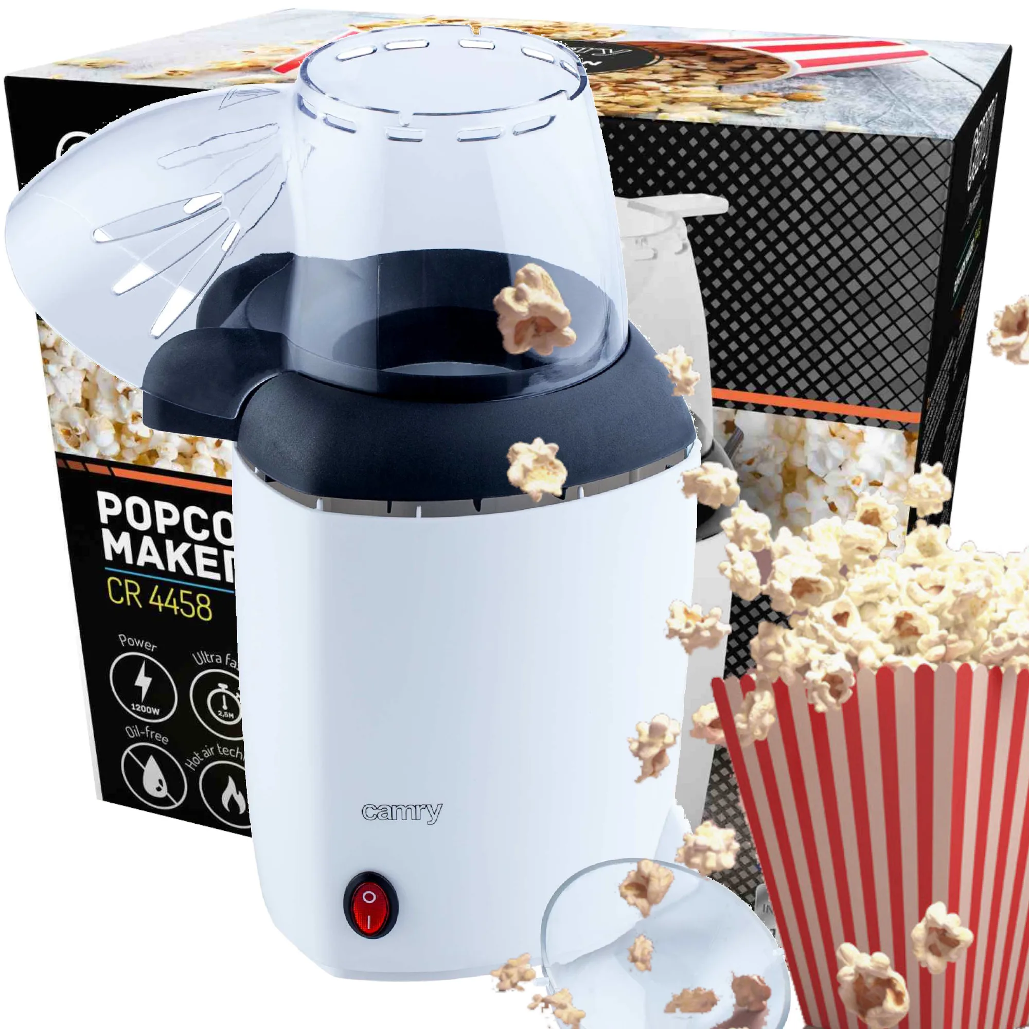 Popcornmaschine fettfrei, 1200 W Anti-Rutsch-Füße, schnelle Vorbereitung, CE EAC, Weiß
