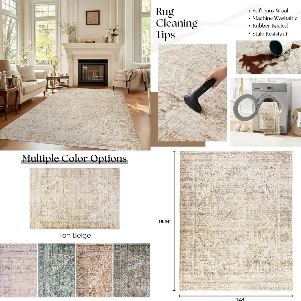 

5x8 Neutral Beige Boho Farmhouse Modern Washable Rug for Living Room and Bedroom