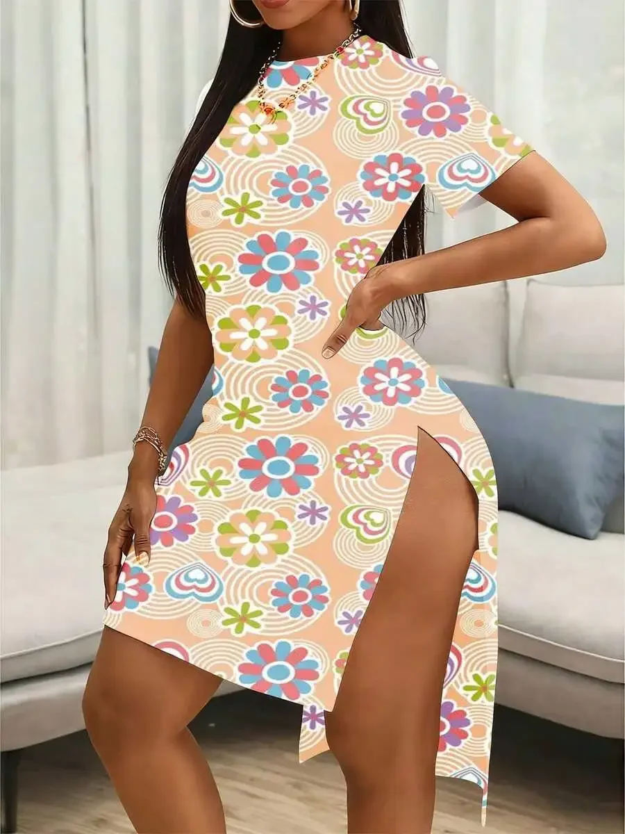 

Colorful Floral Print Bodycon Dress With Side Slit For Summer Beach Festival