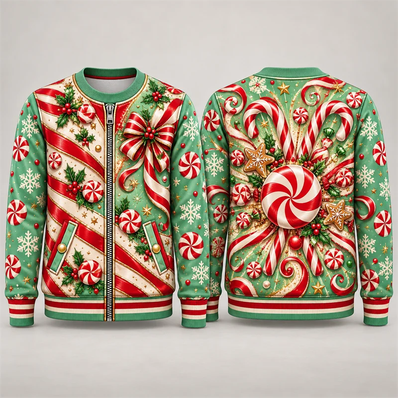 Christmas Faux Jacket Sweatshirt Men Candy Cane Sailing Ship Camper Nativity Chess Print Crewneck Long Sleeve Holiday Pullover