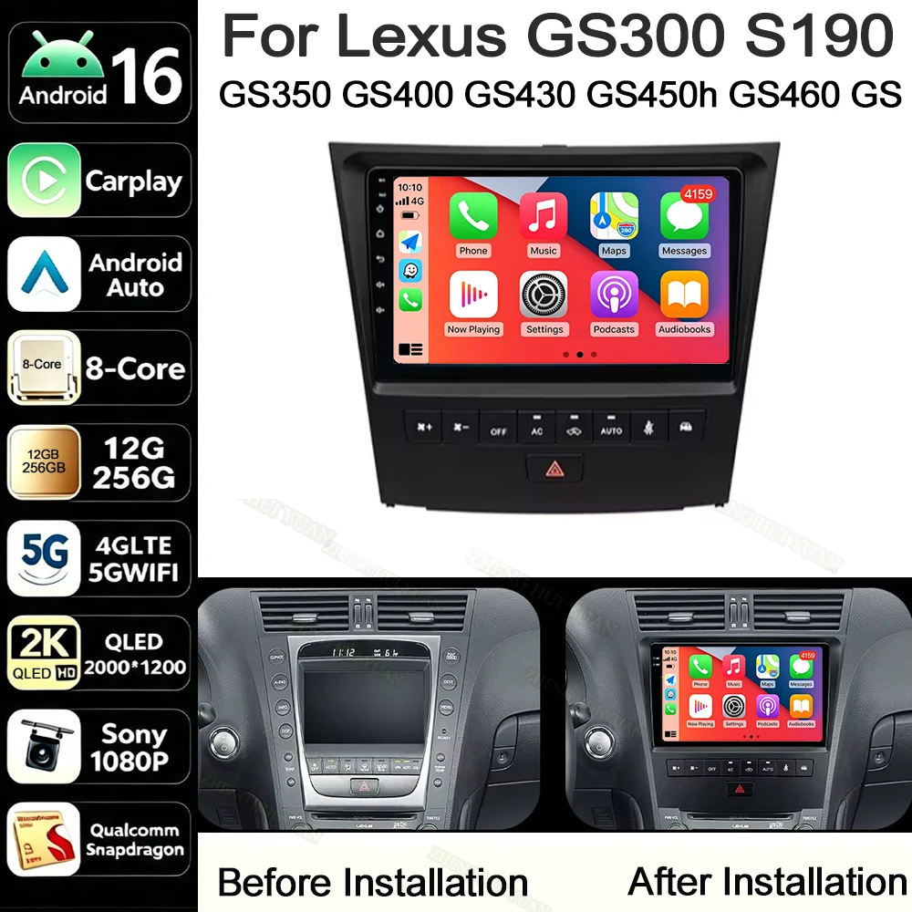 Android 16 Car Play Auto For Lexus GS300 S190 GS350 GS400 GS430 GS450h GS460 GS 300 III 3 350 400 430 450h 460 2004-2011 Radio