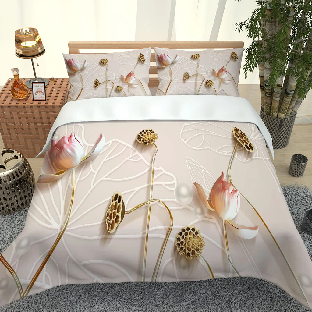 

HUANZHUANG 3Pcs Bedding Sets 3D Golden Lotus Pattern Hd Digital Printing Custom Single Duvet Cover Set Home Queen King Quilt Pil