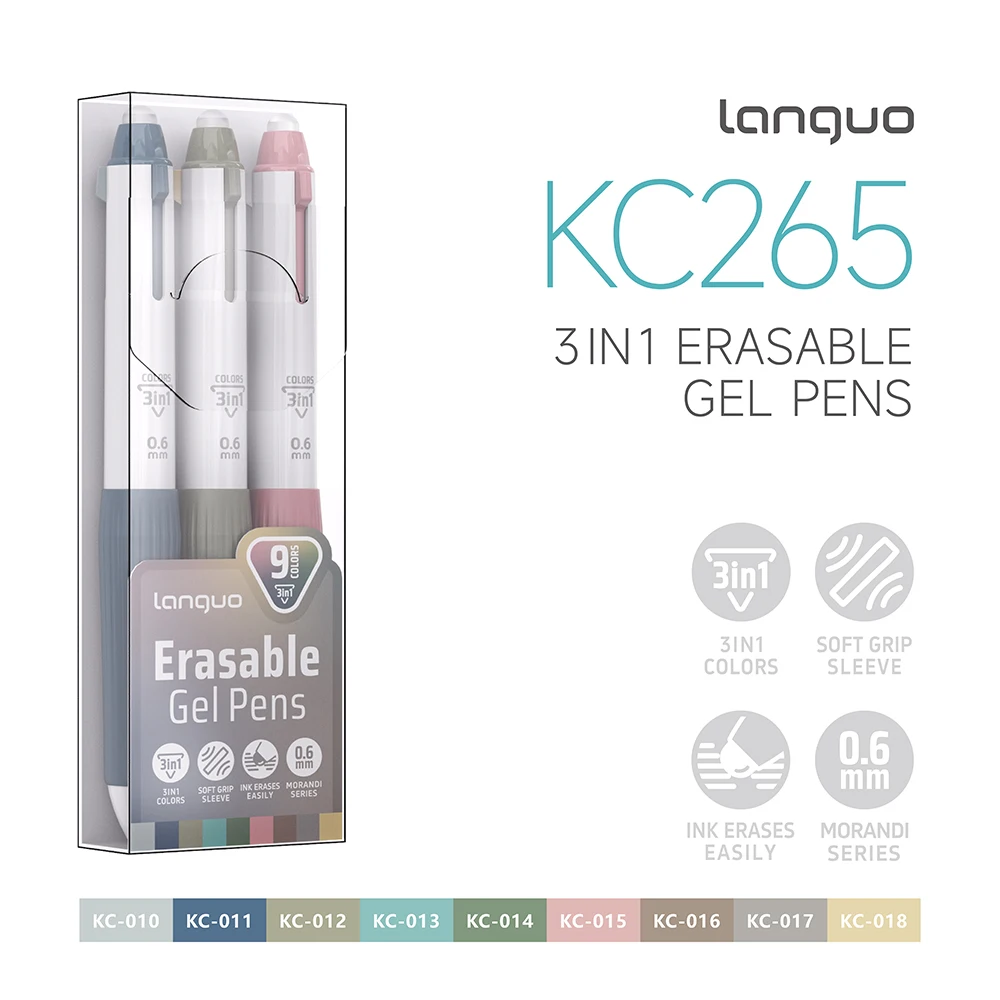 LANGUO uitwisbare multicolor pennen, 9/45 kleuren, 3-in-1 balpen, 0,6 mm fijne punt, soepel schrijvend, intrekbare balpen