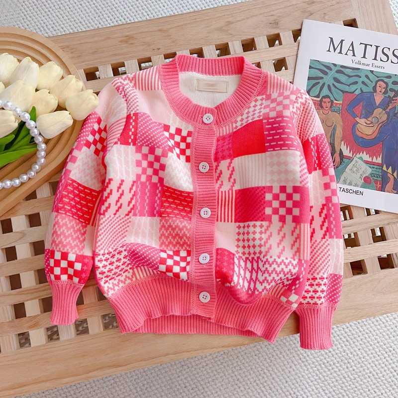 

Children Girls Sweater Cardigan Autumn Velvet Plaid Toddler Kids Girls Outerwear Coat Korean Infant Babys Girls Open Stitch Coat