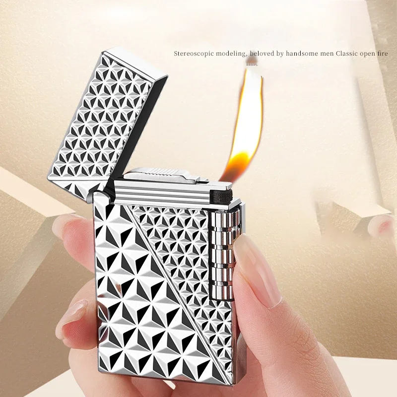 2024 New Vintage Grinding Wheel Loudspeaker Lighter Diamond Texture Oblique Fire Inflatable Lighter Men\'s High end Birthday Gift