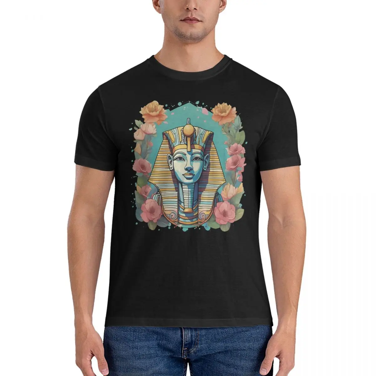 An Egyptian Mask Surrounded By Flowers And Leaves T Shirts Cotton Creative T-Shirt Crewneck Ancient Egypt Culture Tee Shirt